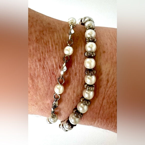 Napier Jewelry - Lot of 2 Vintage Signed Napier Silver-time & Faux Pearl Bracelets #1120
